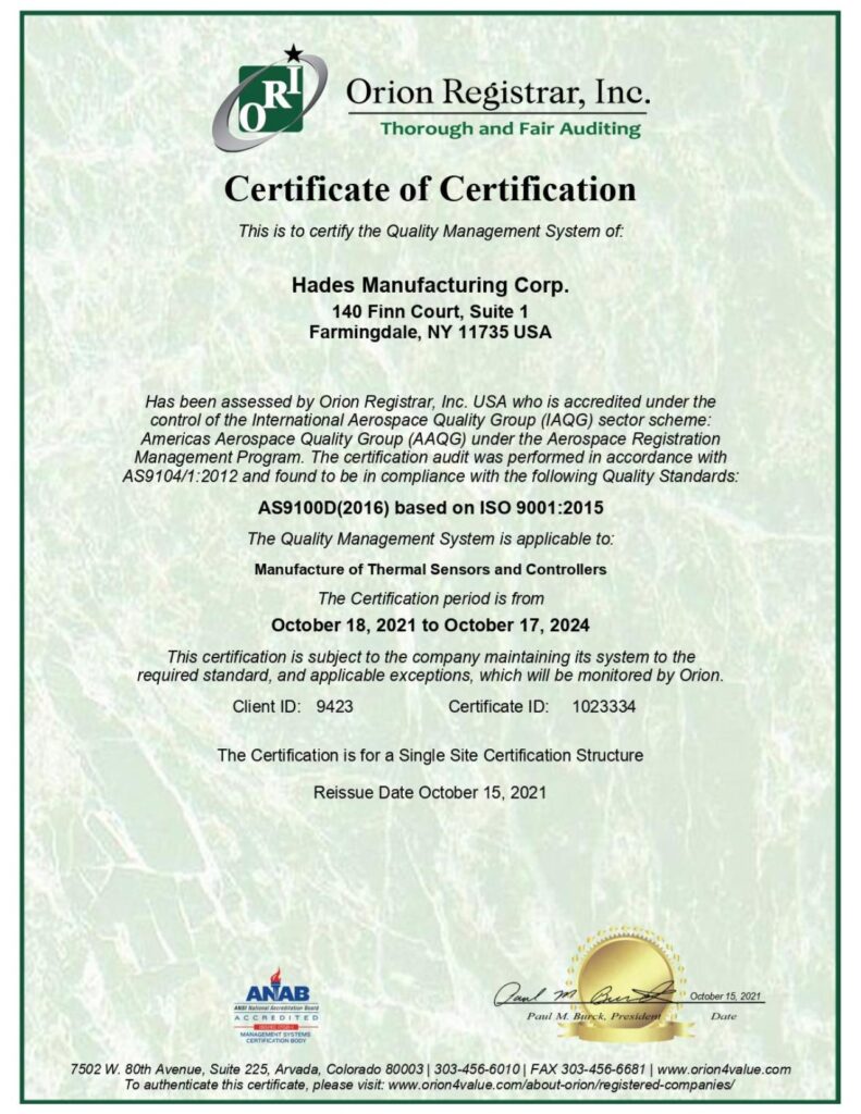 KIMDU.com Certification Hades Manufacturing Corp. (RC)-AS9100-2016-Farmingdale-Issued 2021