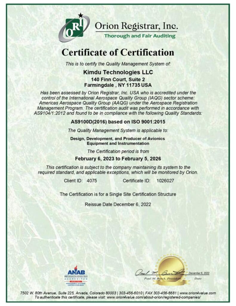 KIMDU.com Certification Kimdu Technologies LLC (RC)-AS9100-2016-Farmingdale -Issued2022_page-0001